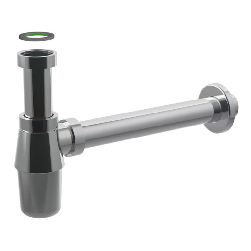 SIFONE SCARICO A BOTTIGLIA IN OTTONE CROMATO SENZA PILETTA PER LAVABO - ATTACCO PILETTA 11/4, SCARICO ø32X250 MM  - BON