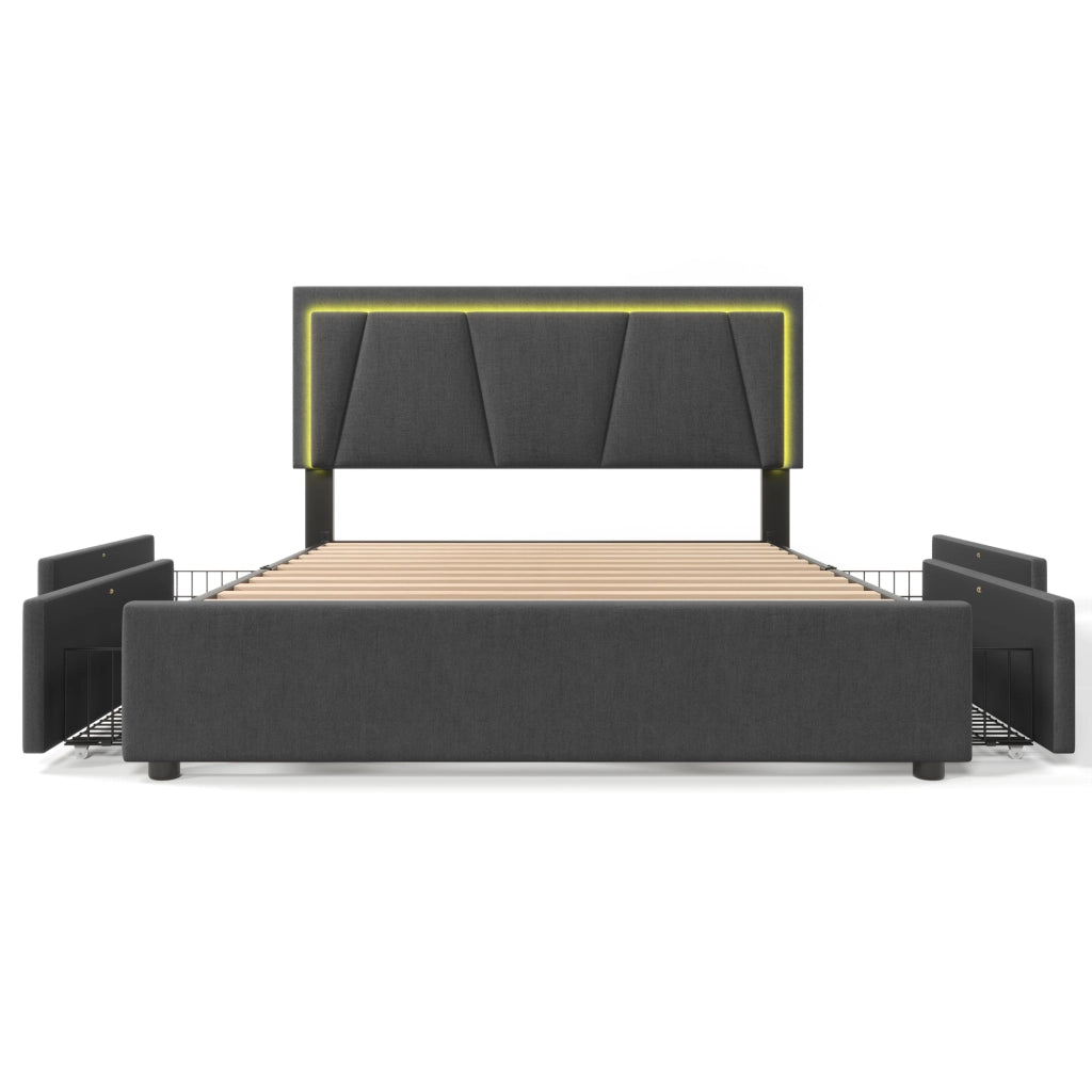 LETTO Imbottito 140x200 cm Grigio con testiera regolabile, LED e 4 cassetti