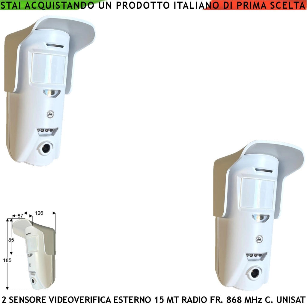 Sensore Movimento Doppia Tecnologia Esterno 2 Pezzi 15 Metri Grandangolo o 25 Metri Tenda Fotocamera a Colori VGA 640X480 Pixel Videoverifica Wireless Frequenza 868 MHz Bidirezionale UNISAT Rete GPRS