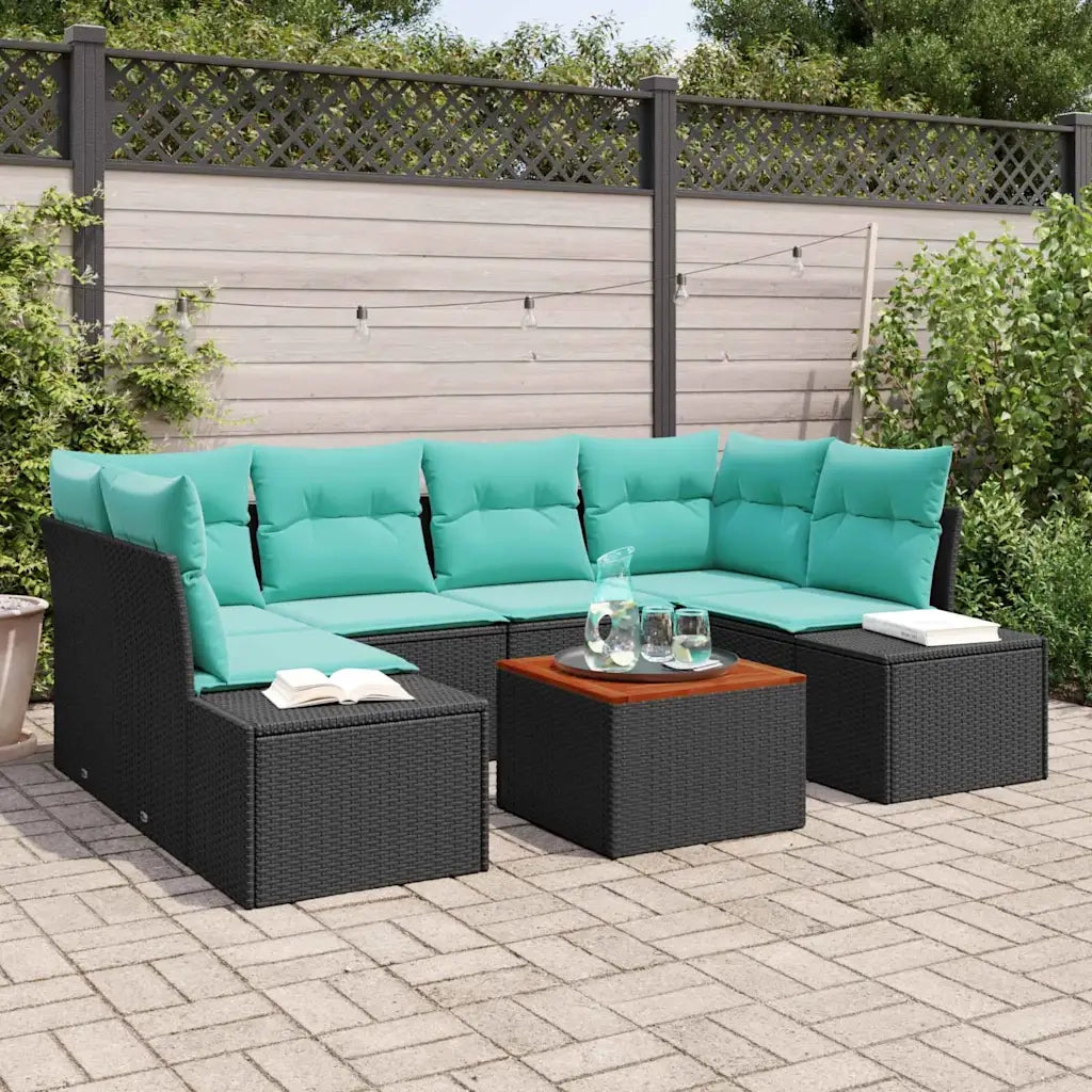 Set Divano da Giardino 7 pz Nero e Turchese polyrattan 3356583