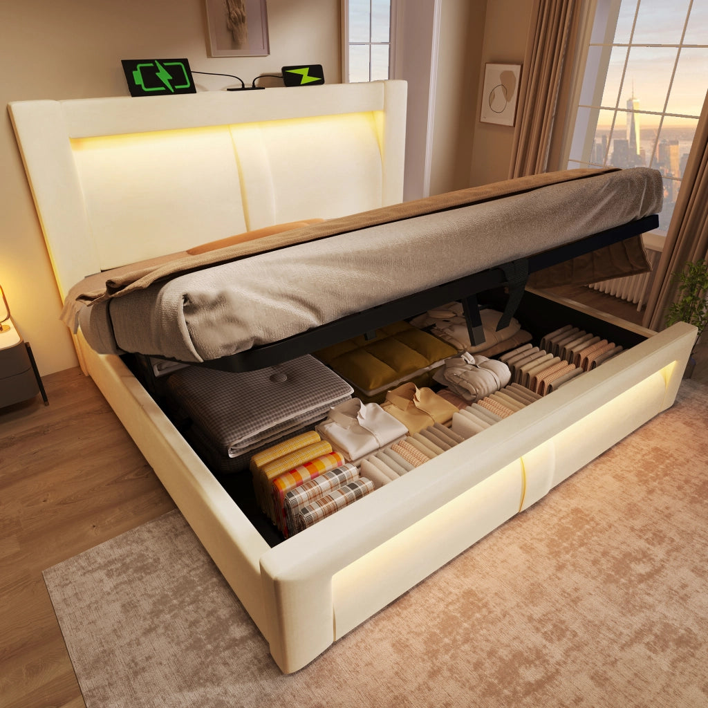 LETTO matrimoniale 180x200 cm con contenitore, LED, USB e Type-C, velluto beige