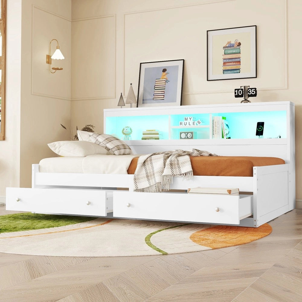Letto Singolo con Divano, Comodino, LED e Cassetti ¨C MINIMAL ¨C Bianco 90x200