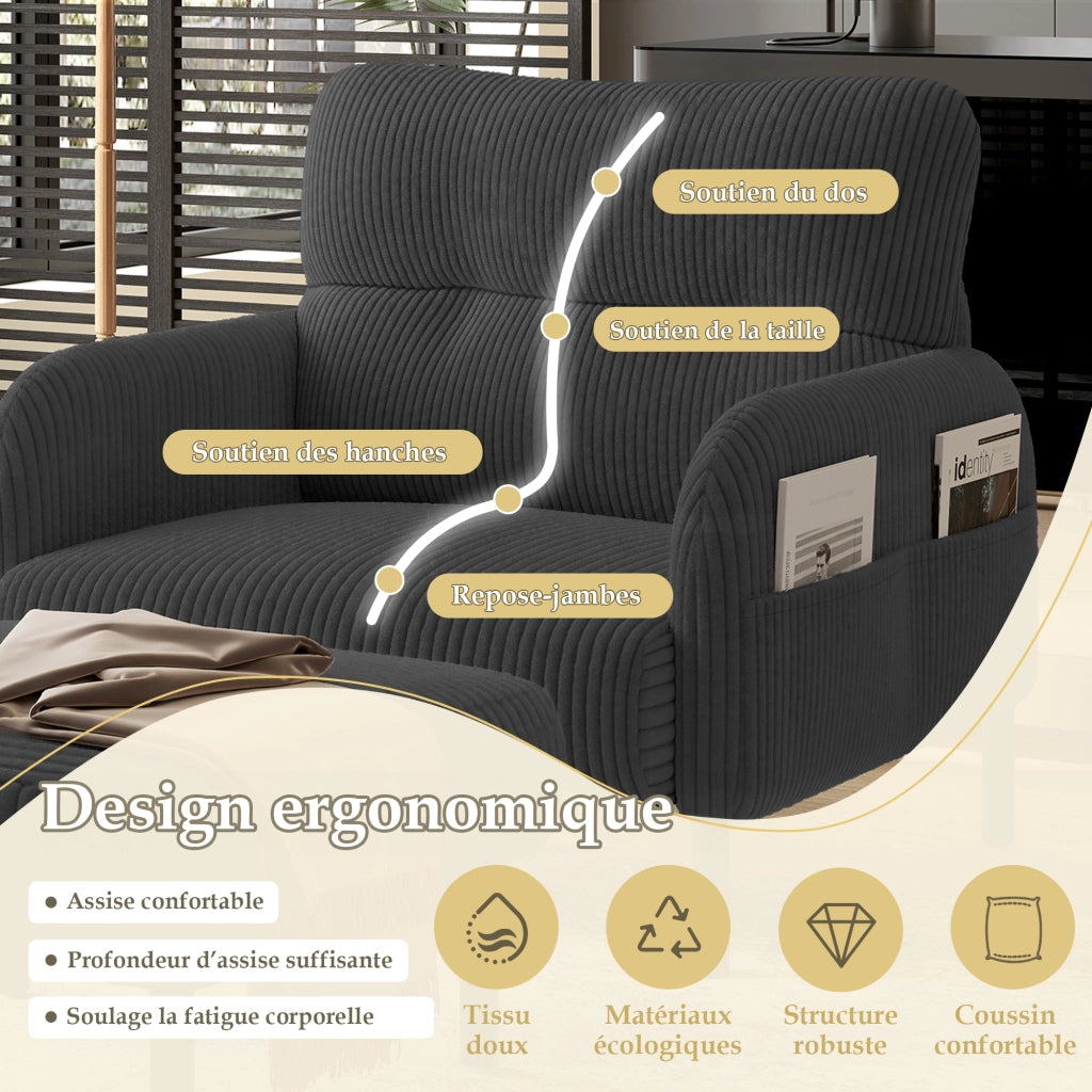 Poltrona con Tasche Laterali e Schienale Ergonomico; Seduta Profonda; in Velluto a Coste Grigio 67 × 75 × 79 cm