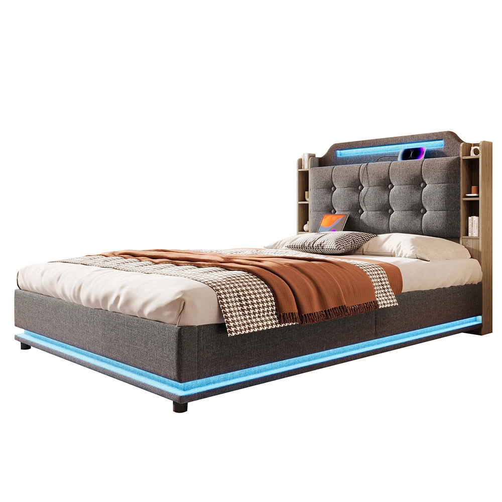 Letto-Xylo-140x200 cm-LED, USB-C, scomparti, lino grigio