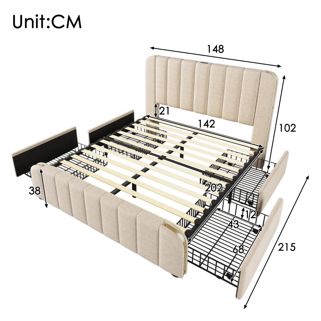 LETTO matrimoniale 140x200 cm in lino beige con USB Type-C e 4 cassetti