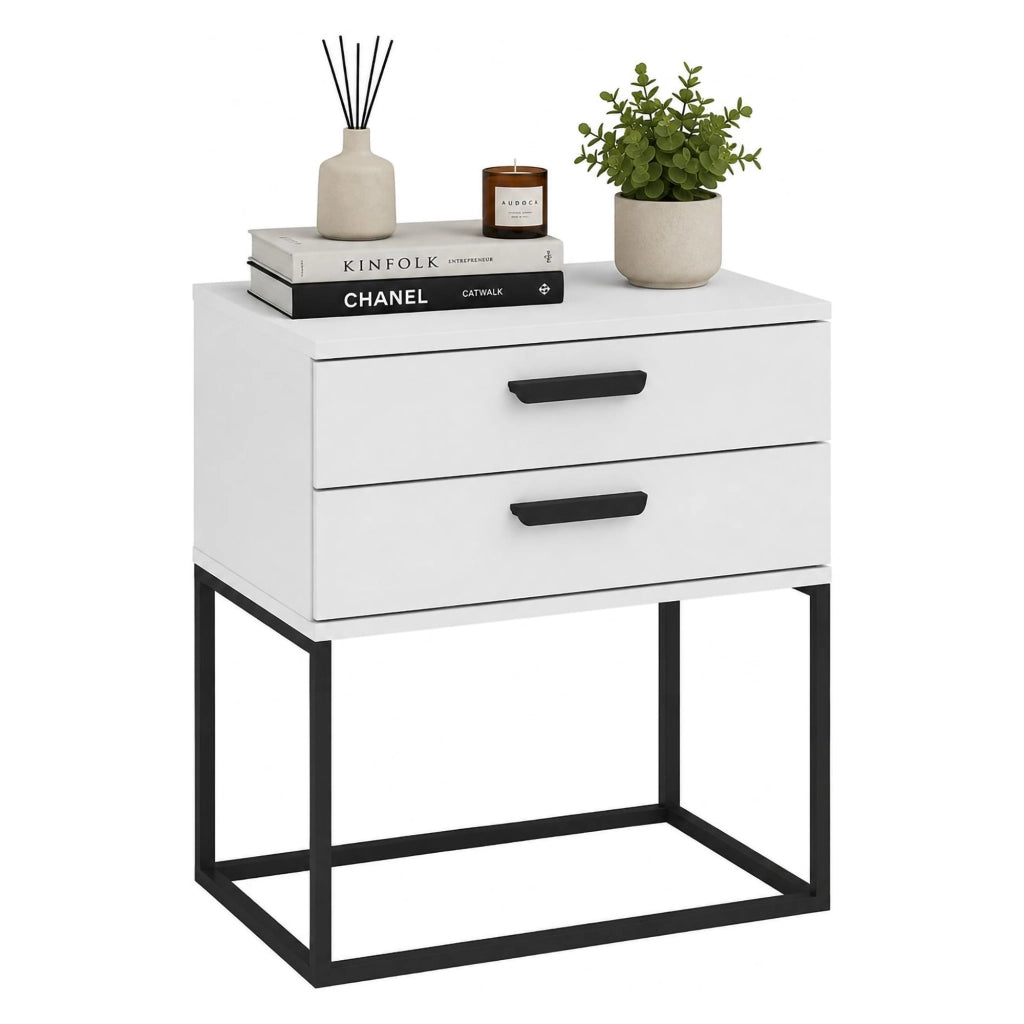 Lelabati, Comodino 2 Cassetti, 60x39x65h cm Bianco