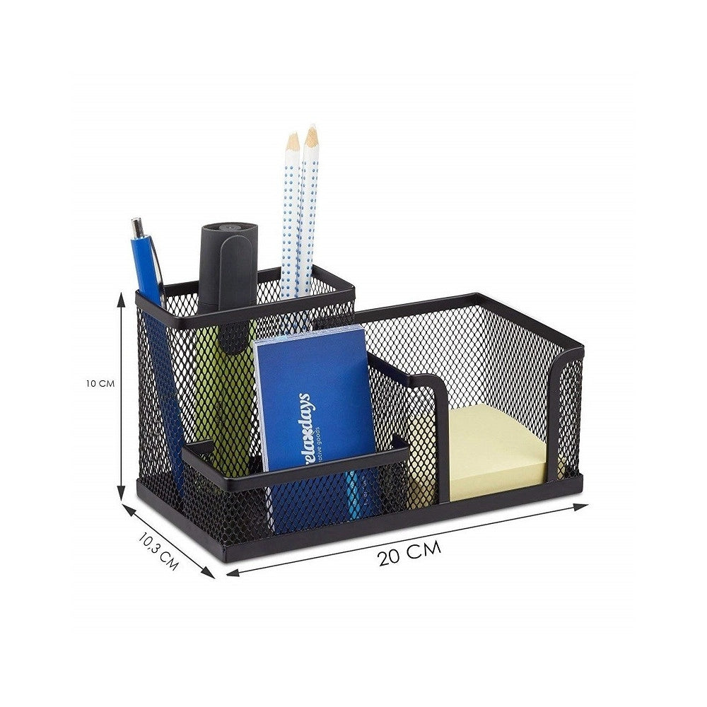 Trade Shop - Portapenne Post It Nero Rete 3 Scomparti Penna Matite Porta Biglietti Organizer -