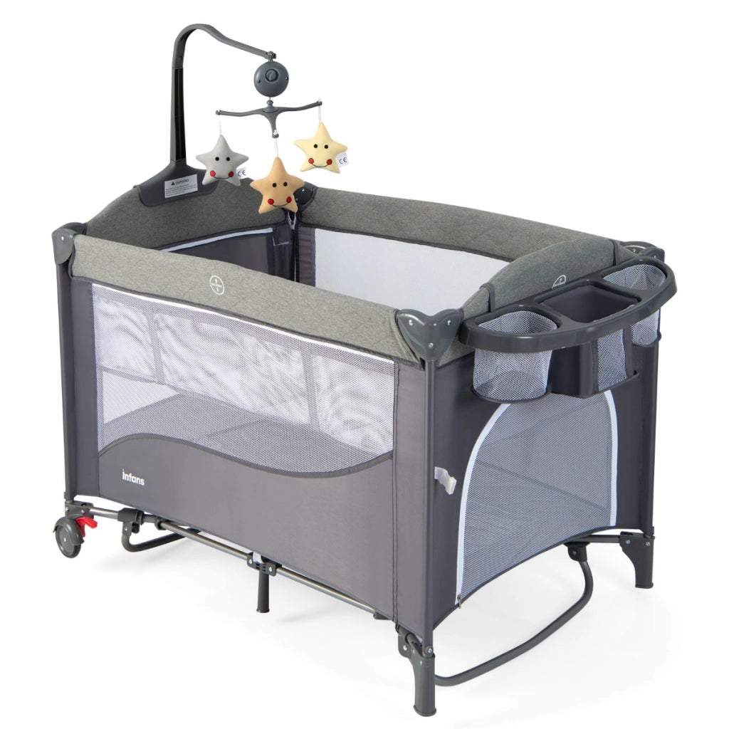 Culla 5-in-1 con materasso cambio pannolini carillon e giocattoli appesi, Dondolo portatile per neonati Blu scuro-Culle