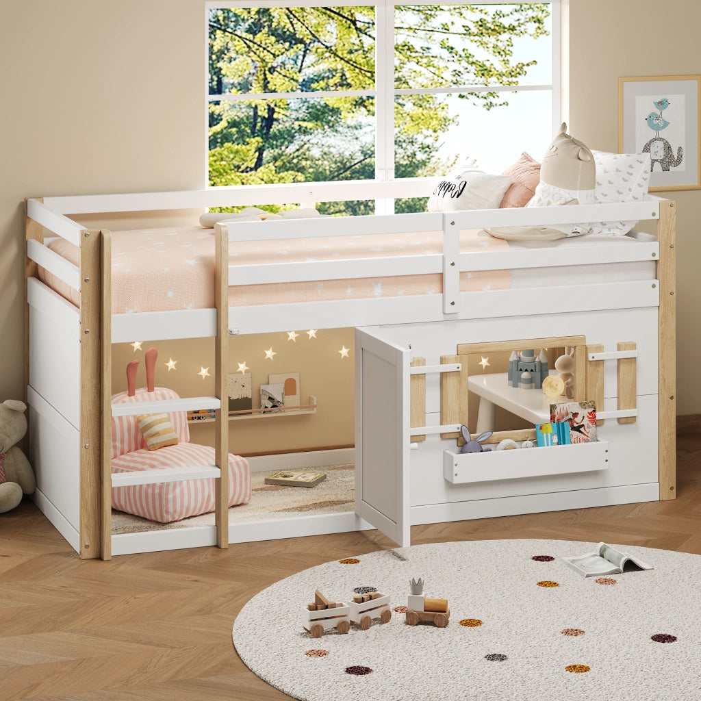 LETTO A SOPPALCO 90x200 cm in Legno massello Bianco con Scala e Area Gioco