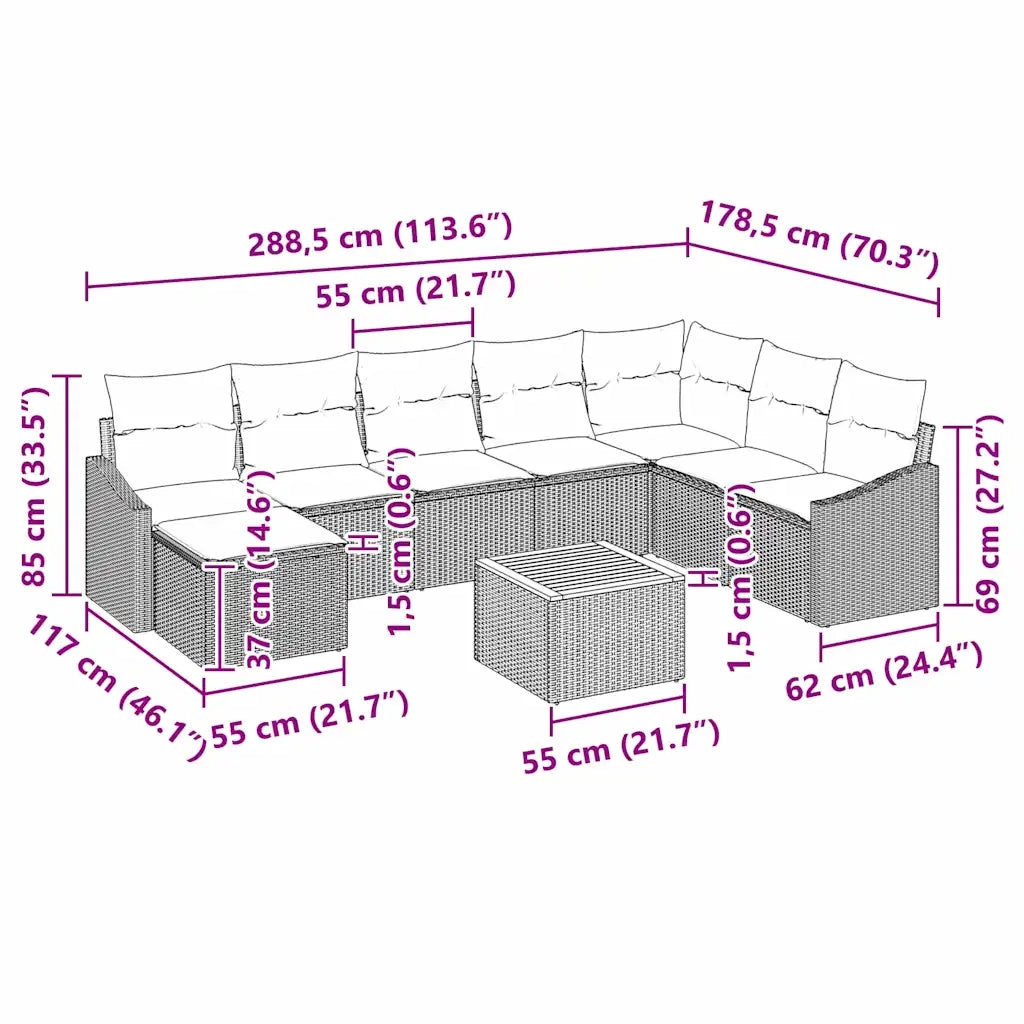 Set Divano da Giardino con cuscino 9 pcs Nero polyrattan 3347870