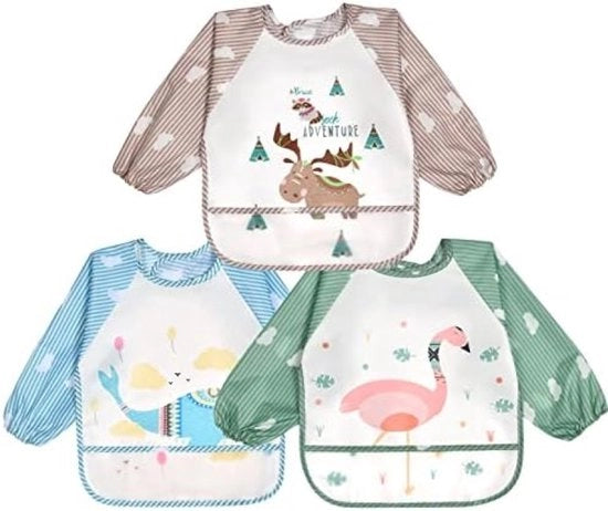 Asciugamano per bambino impermeabile con maniche e tasca di raccolta - 3 pezzi con disegno di animali - Adatto per bambini di 6 a 24 mesi
