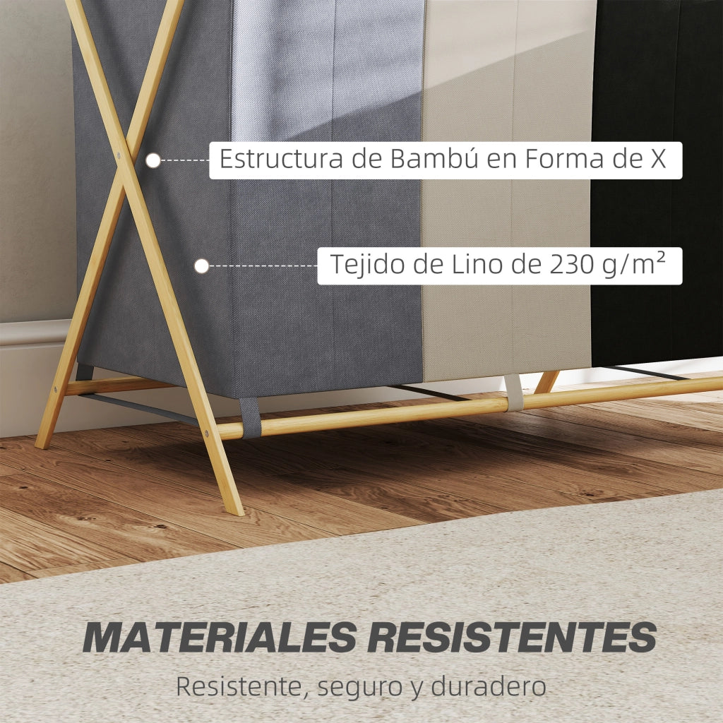 Cestino per Biancheria Pieghevole con 3 Compartimenti ¨C Minimal ¨C Bamb¨´ 129L