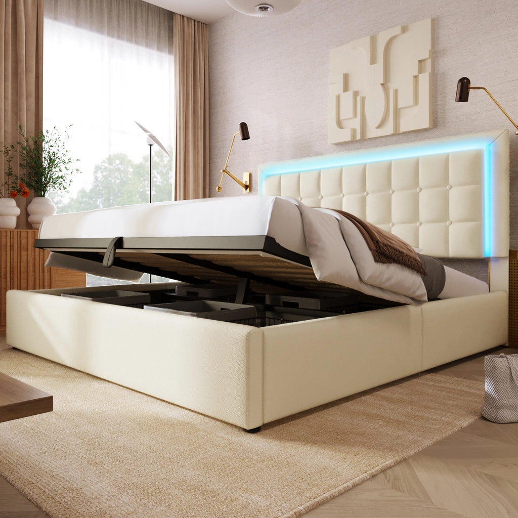 LETTO Contenitore 140x200 cm con LED, PU Bianco