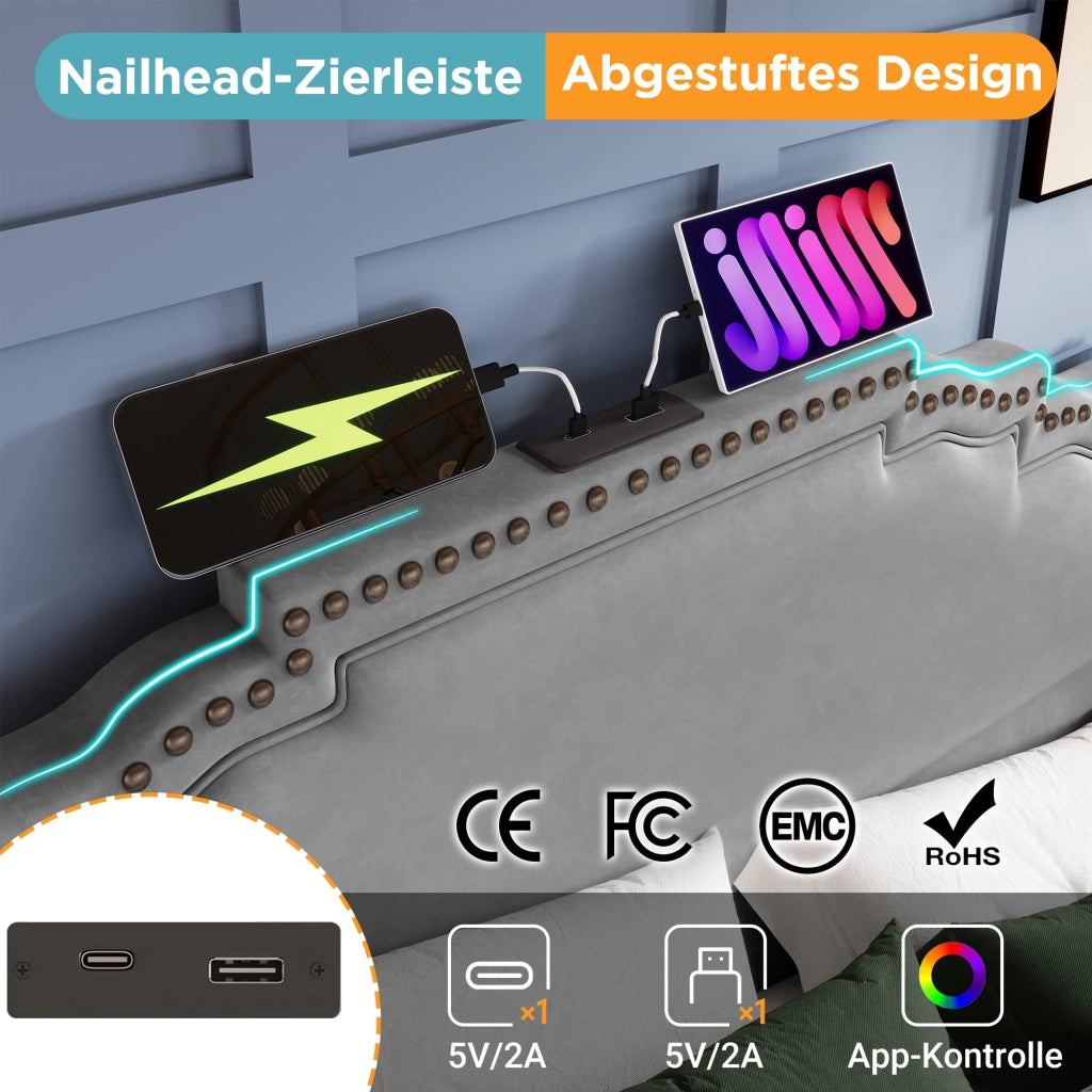 LETTO matrimoniale 180x200 cm con 4 cassetti, LED, USB e Type-C, velluto grigio