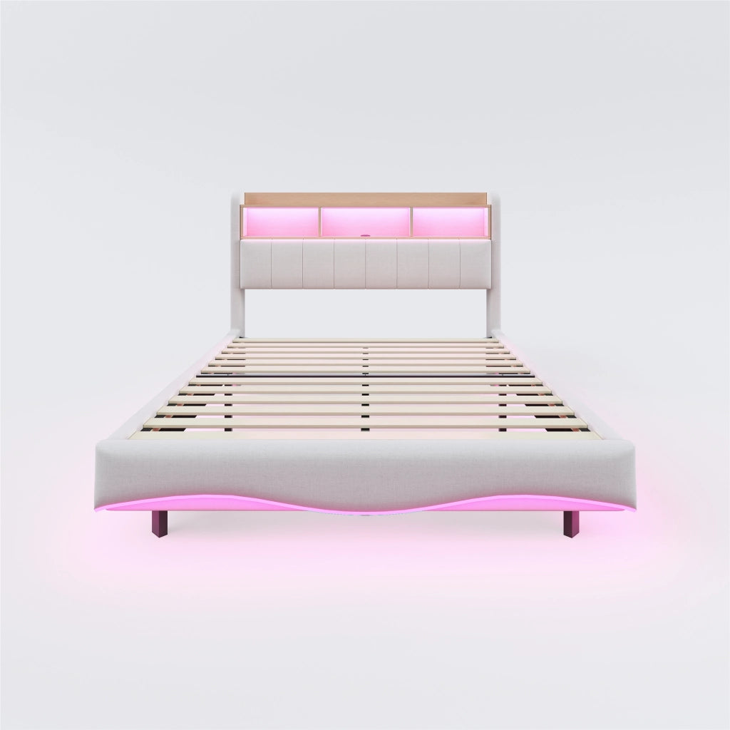 Letto imbottito con LED e USB - Zephmum - 160x200 cm - Beige - Design sospeso