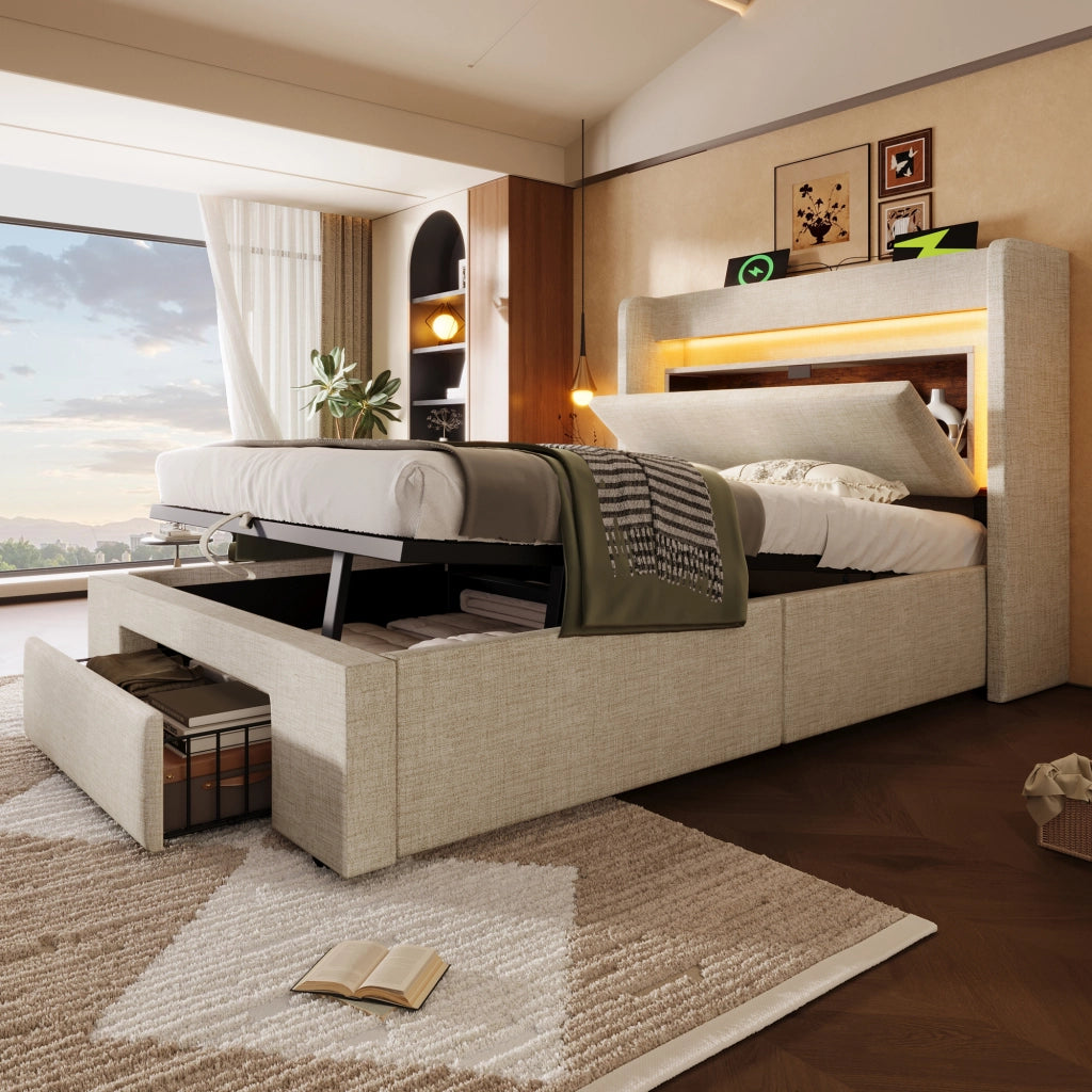 Letto imbottito 90x200 idraulico LED USB/Type-C lino beige