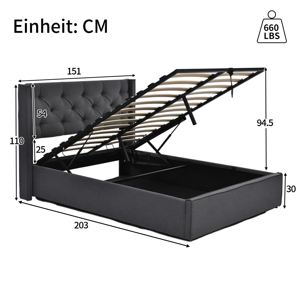 LETTO Imbottito 140x200 cm Grigio con contenitore e rete sollevabile