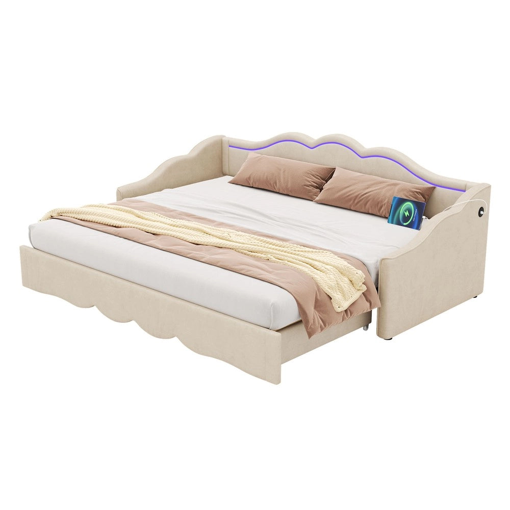 Letto a giorno - Zephmum-90x200 cm, estendibile a 180 cm, LED, USB, velluto beige