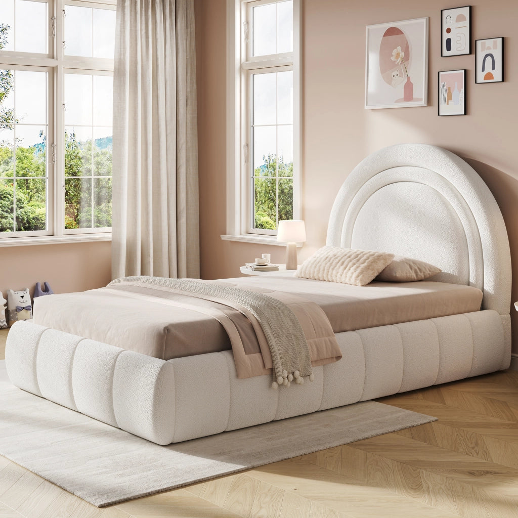 LETTO Contenitore 90x200 cm Bouclé Beige con rete a doghe