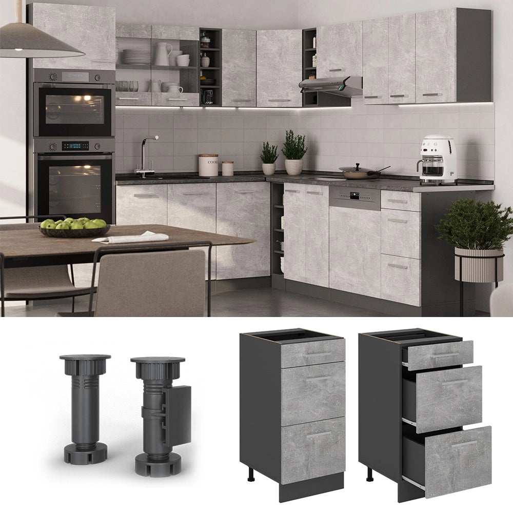 Mobiletto base per cucina R-Line Calcestruzzo/Antracite 40 cm con cassetti, PL Rovere Vicco