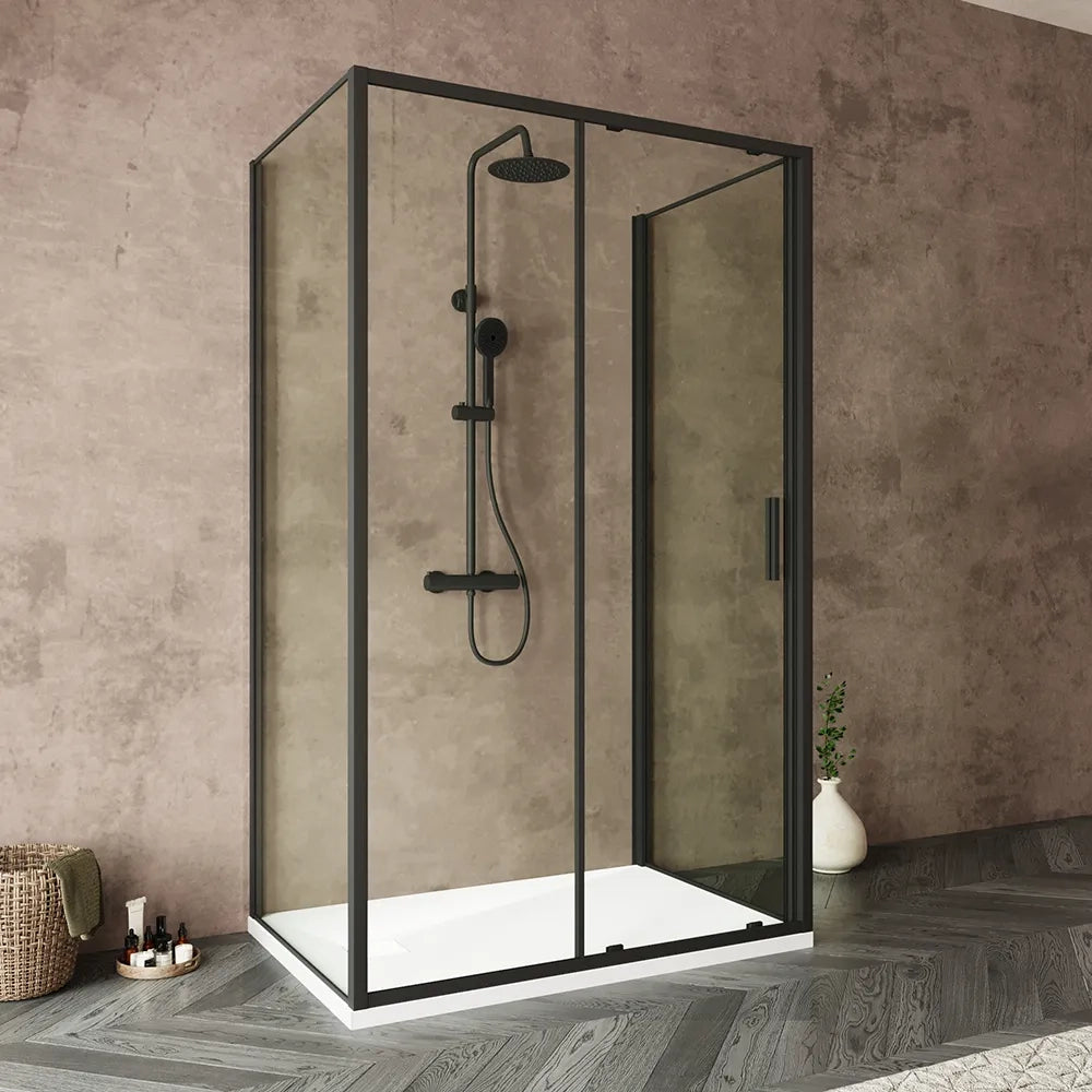 Box doccia tre lati 70x130x70cm con porta scorrevole profili nero opaco e vetro 6mm trasparente h190 | Portofino