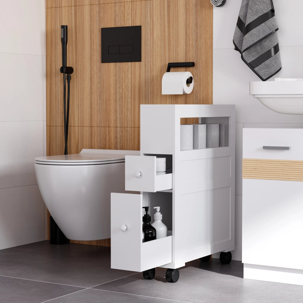 Mobiletto da Bagno con Cassetti Salvaspazio ¨C Minimal ¨C Legno Bianco 16x52x71.5cm