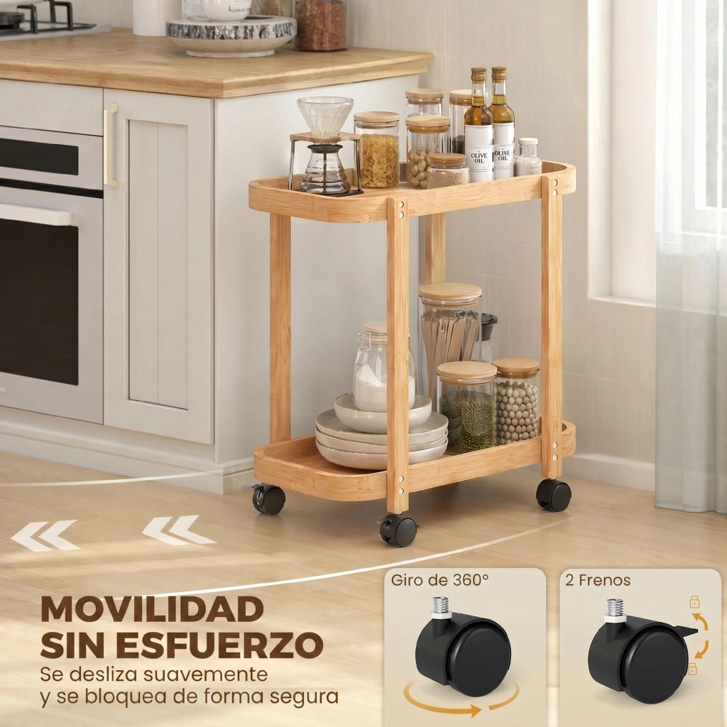 Carrello Cucina con Ruote ¨C Xylo ¨C Bamb¨´ 2 Ripiani 54x36,5x60cm Naturale