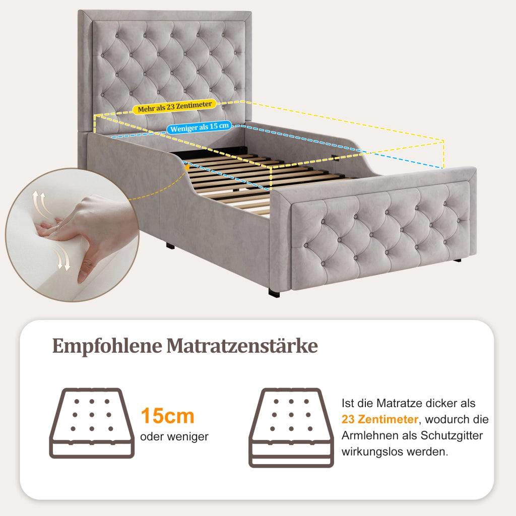 LETTO imbottito 90x200 cm con contenitore idraulico, velluto grigio