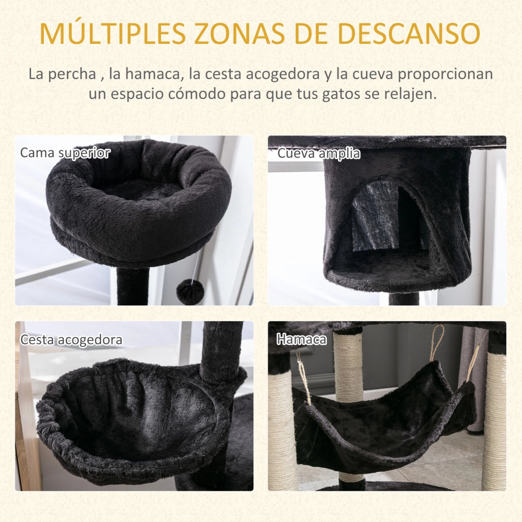 Torre per Gatti con Piattaforme Poste Amaca e Cueva ¨C Minimal ¨C Grigio Scuro 65x50x153 cm