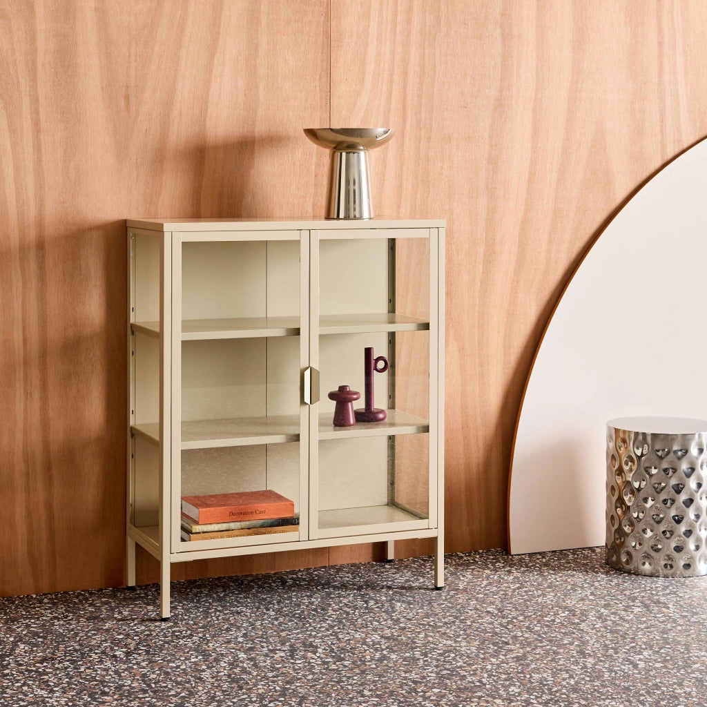 Vetrina in acciaio e vetro temperato con 2 ante, 102cm, beige