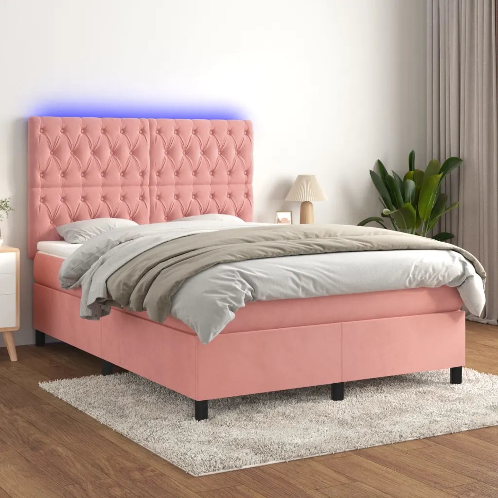Letto a Molle con Materasso e LED Rosa 140x190 cm in Velluto 3136304