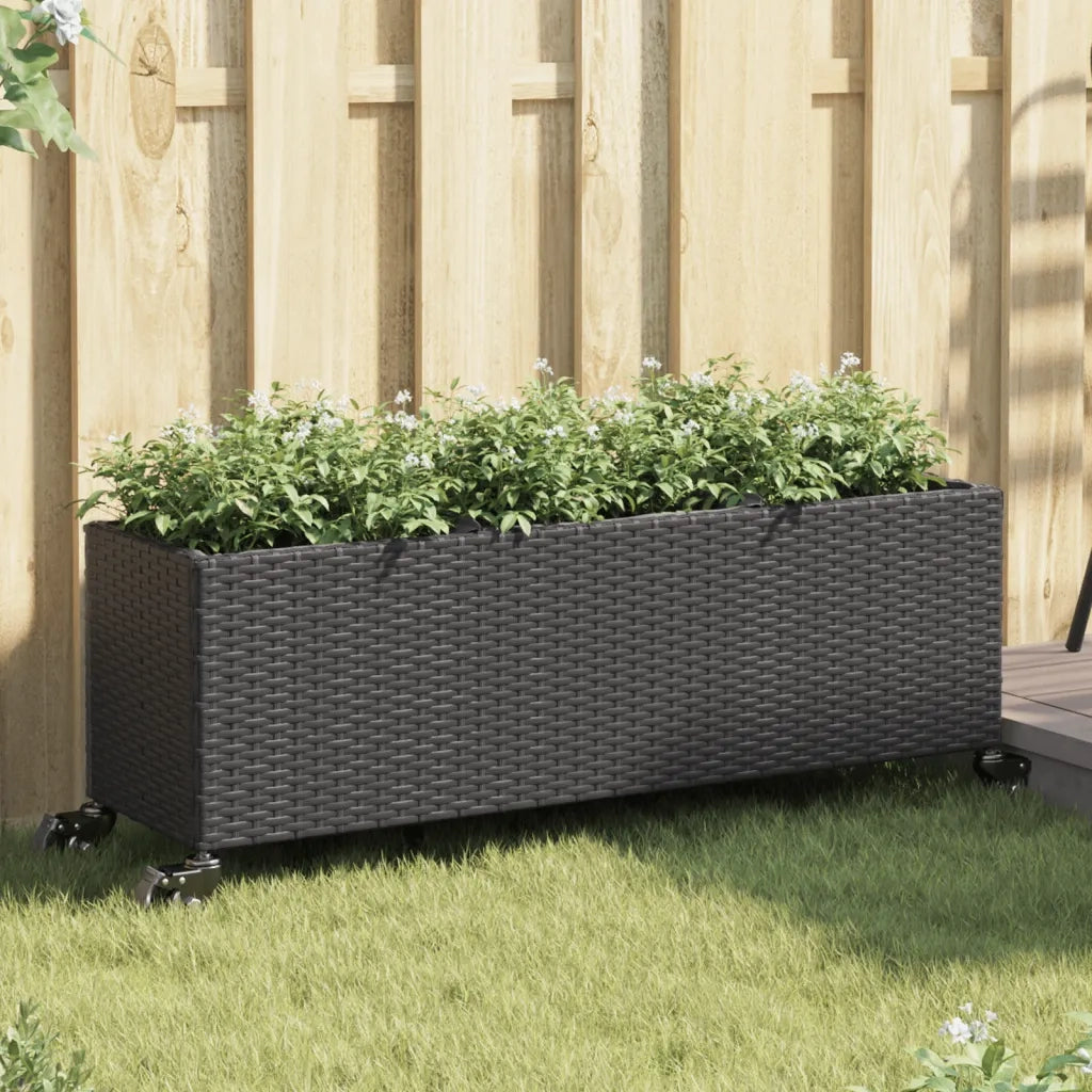 Fioriera con Ruote e 3 Vasi Nera 107x32x38 cm in Polyrattan 366419
