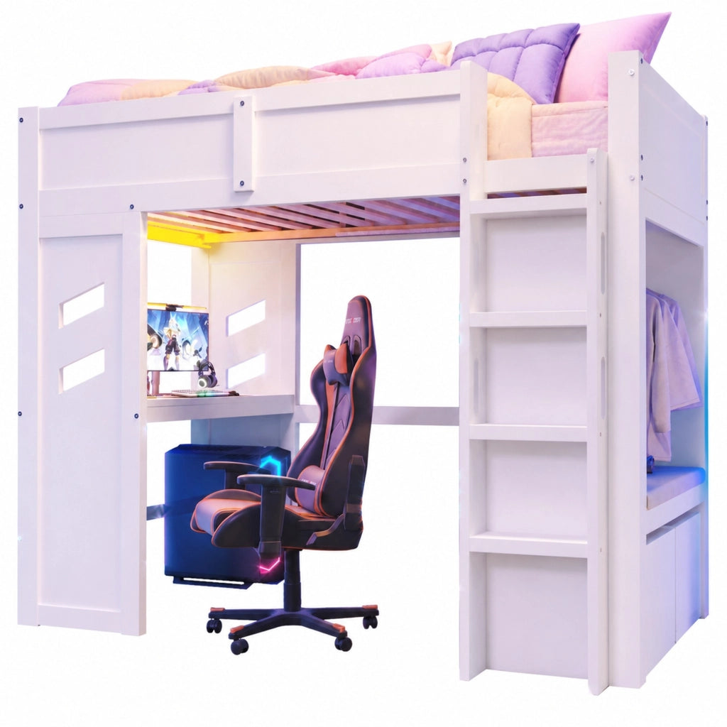 Letto a soppalco 90x200 cm con scrivania, LED, USB e Type-C, 2 cassetti, bianco