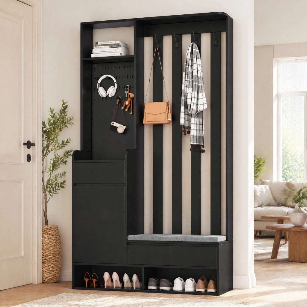 ARMADIO DA INGRESSO con panca, H180xL100xP35 cm, nero, MDF