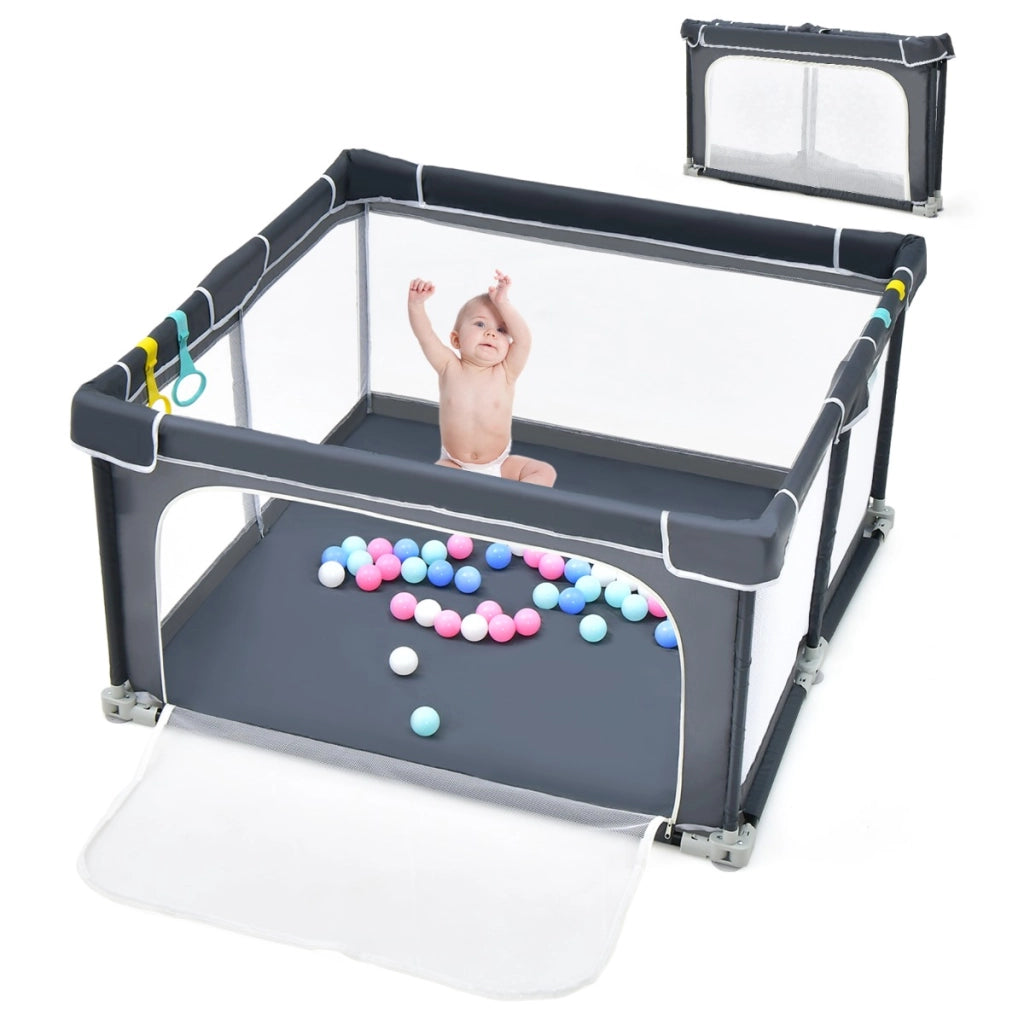 Box per bambini pieghevole con pareti in rete traspirante, Recinto portatile con ventose antiscivolo Grigio scuro-Cancelletti di sicurezza