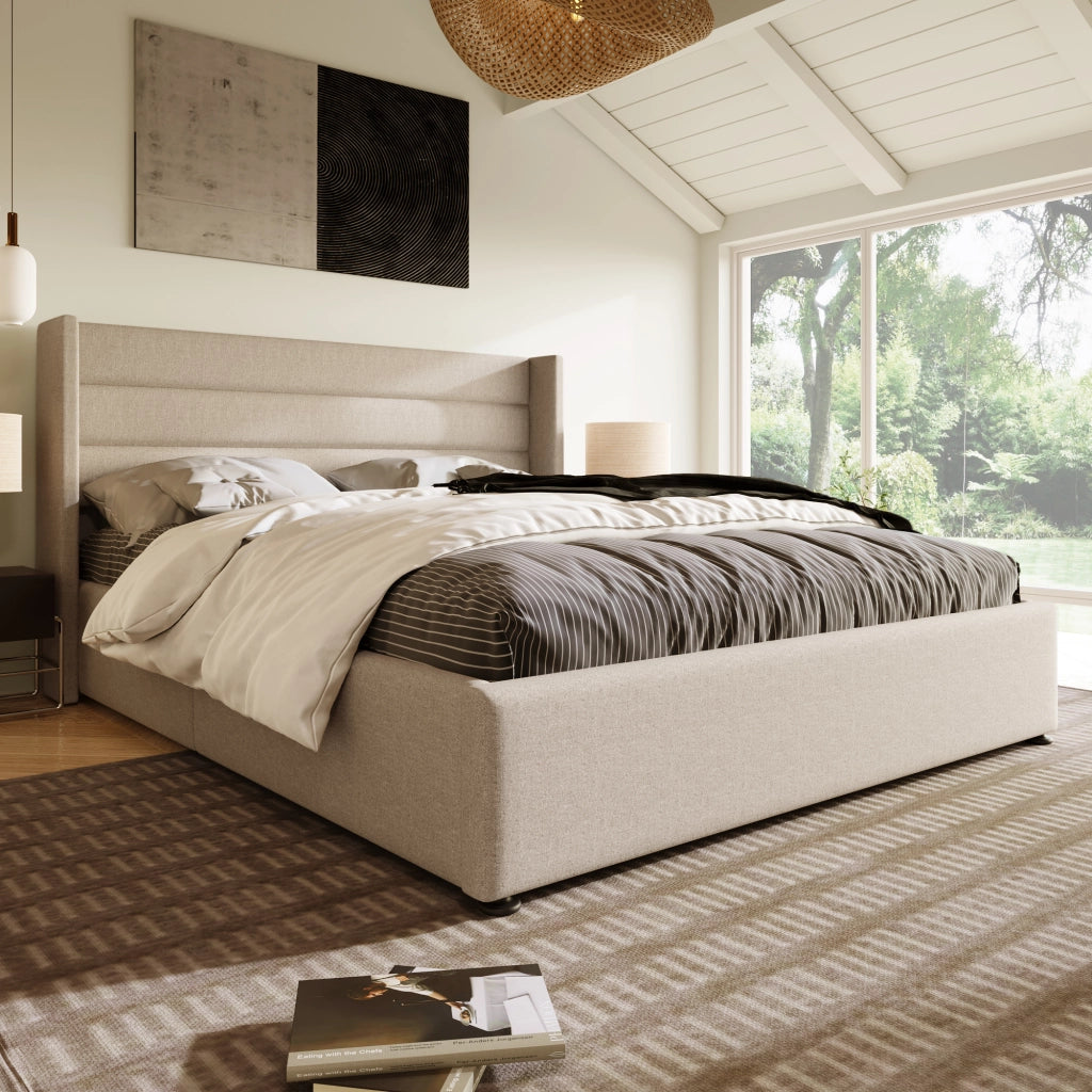 LETTO Contenitore 140x200 cm in Lino Beige con rete sollevabile