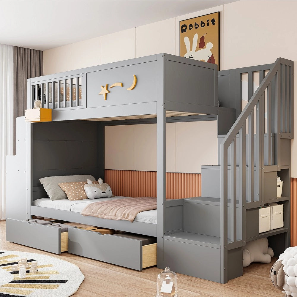 Letto a Castello per Bambini con Cassetti, Scrivania e Scala ¨C Xylo ¨C Massello Pino Grigio 90x200