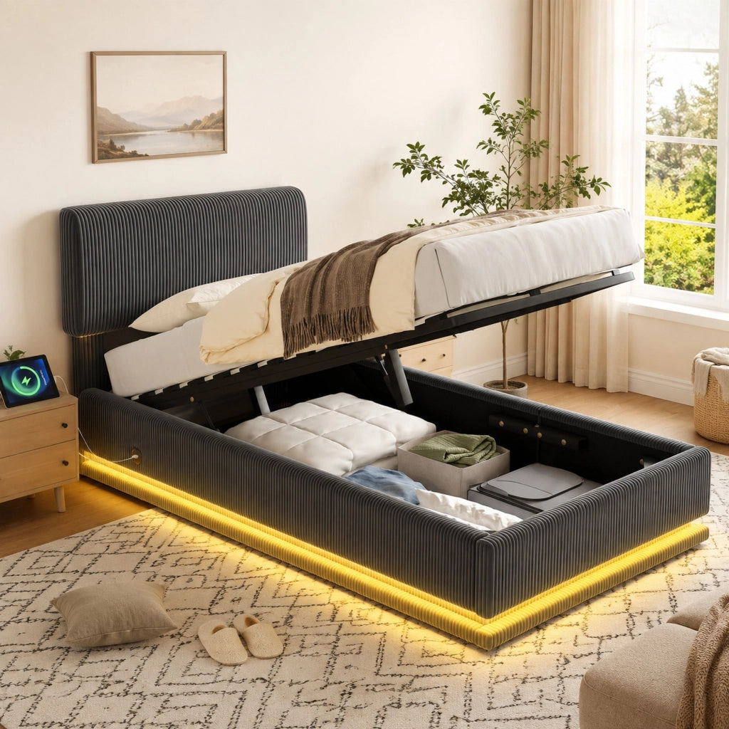 Letto imbottito 90 × 200 cm con vano sottoletto LED regolabile USB-C testiera regolabile in velluto a coste grigio scuro