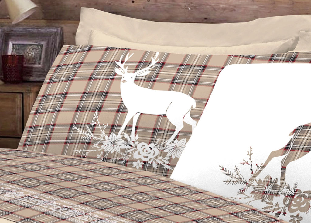 Completo Lenzuola Linea Pensieri Delicati 100% Cotone Disegno Cervo Tartan - Piazza E Mezza - Beige