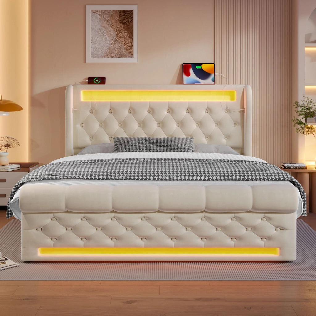 LETTO Contenitore idraulico 140x200 cm velluto beige con LED, USB e Type-C