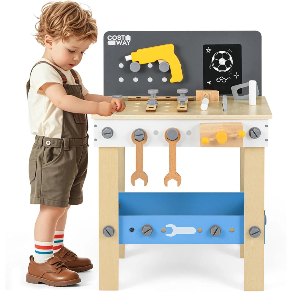 Banco da lavoro per bambini in legno con pannello forato, Set montessori con lavagna e mensola per bambini 3 + anni-Giocattoli educativi