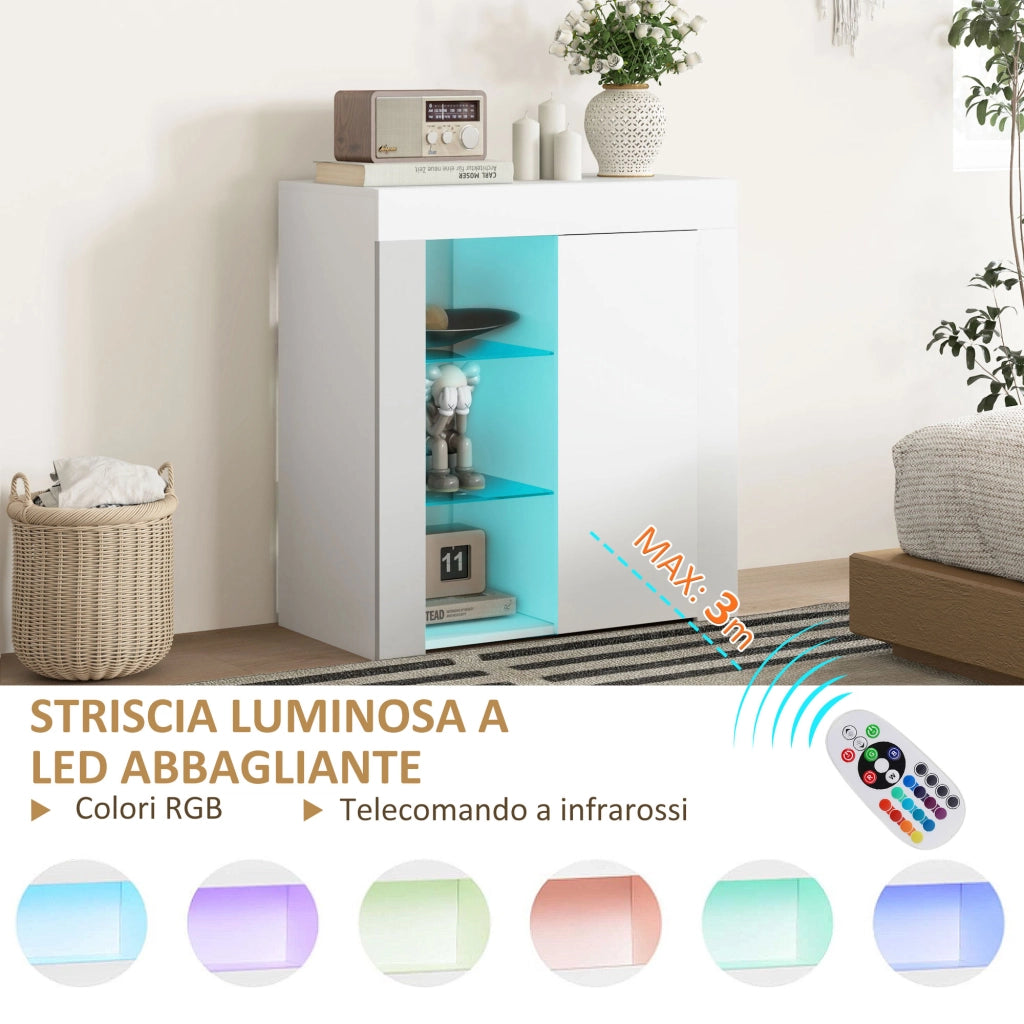 Mobile Contenitore a LED con Ripiani e Armadietto ¨C zephmum ¨C Legno e Vetro, Bianco, 75x40.1x83 cm