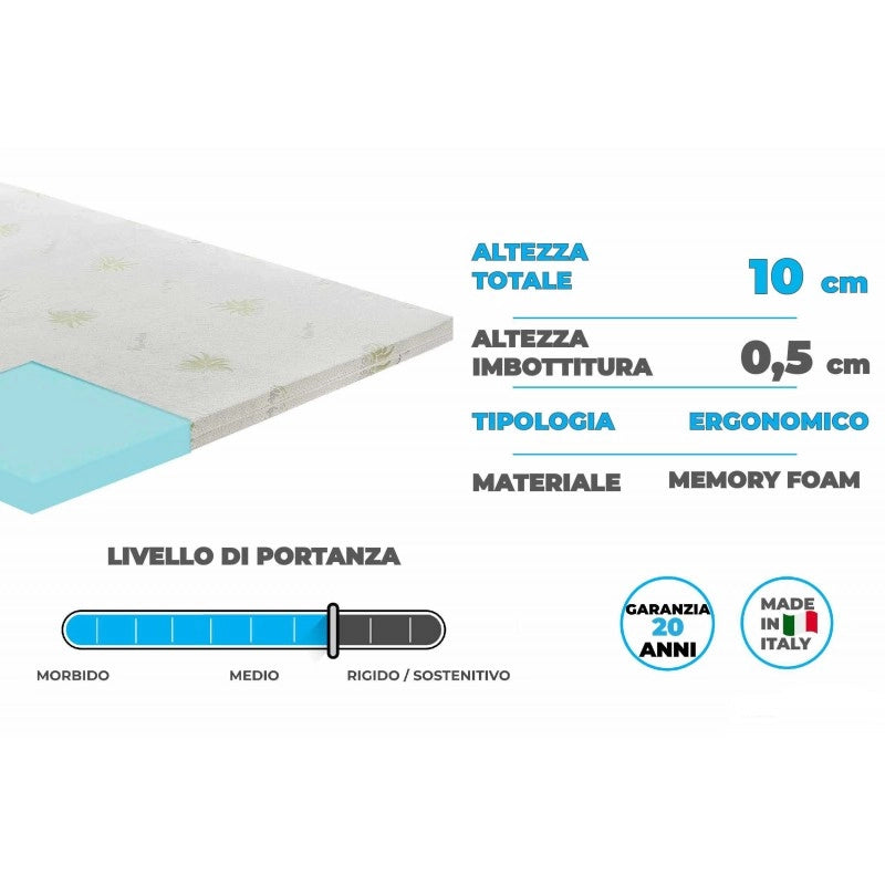 Topper correttore memory foam alto 10cm - rivestimento all’aloe vera - 120x190