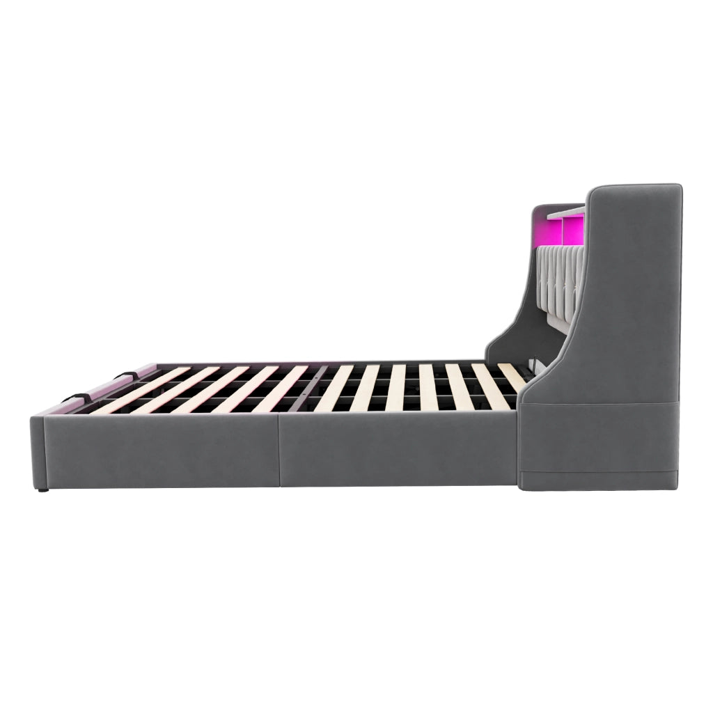DESMIU Letto Matrimoniale 180 × 200 cm con Contenitore idraulico, USB, Type-C, LED, senza materasso, in velluto, grigio