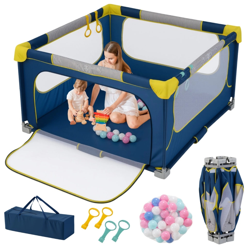 Box per bambini 127 x 127 cm senza montaggio, Recinto pieghevole per bambini con cancello con cerniera Blu-Cancelletti di sicurezza