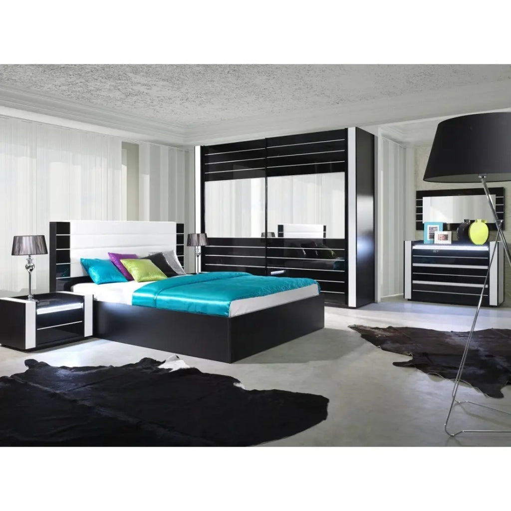 Letto LINA 160x200 nero e bianco lucido con testiera in similpelle - Rete inclusa