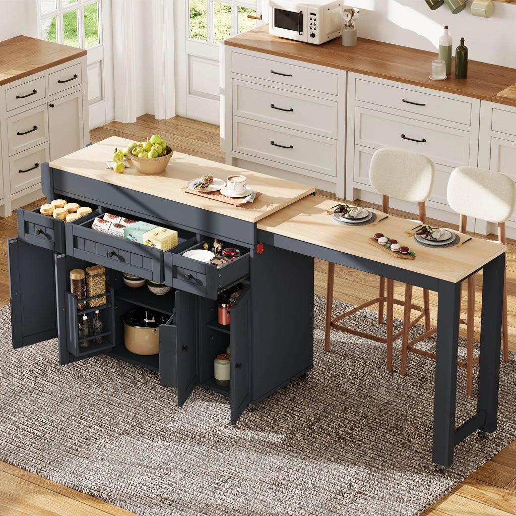 Isola da cucina su ruote con piano estraibile laterale da 112 a 180;6 cm; portaspezie e cassetti; grigio