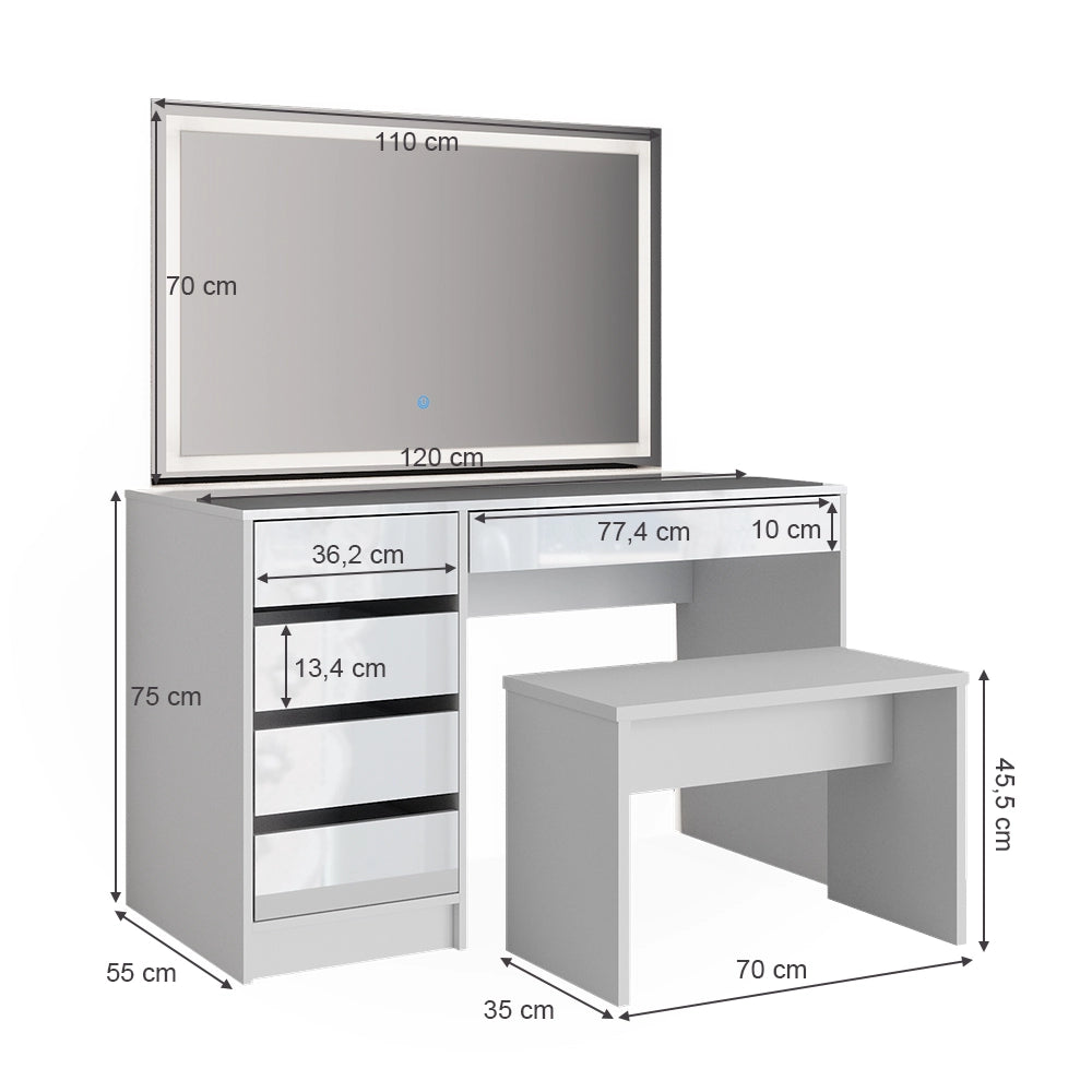 Vicco Tavolo da toeletta Bianco 120 cm con specchio a LED e panca