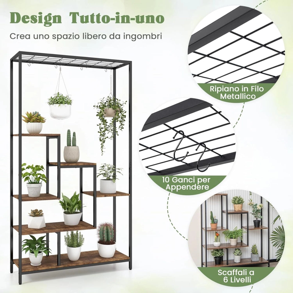 Scaffale Porta Piante a 6 Livelli, Scaffale per Fiori in Metallo da Interno con 10 Ganci e Ripiani per Piante, Porta Vasi da Balcone e Soggiorno, Nero