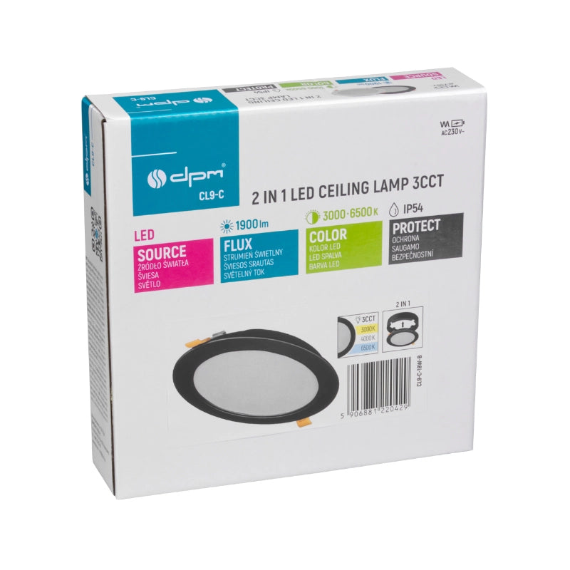 Plafoniera LED 18W 2in1 tonda nera IP54 DPM 3000-6000K